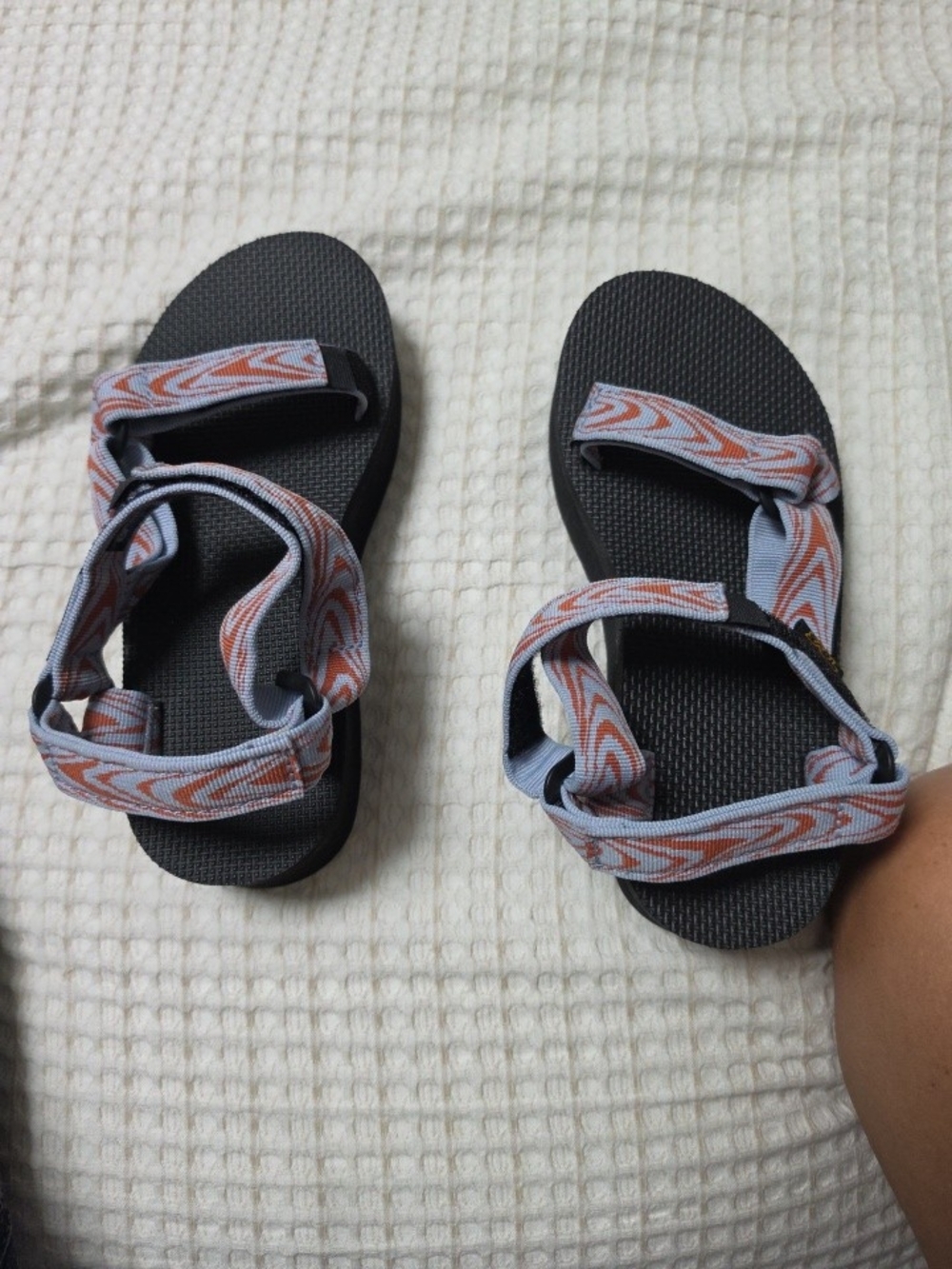 Teva Women's Black Sandals with Light Blue and Coral Swirl Straps